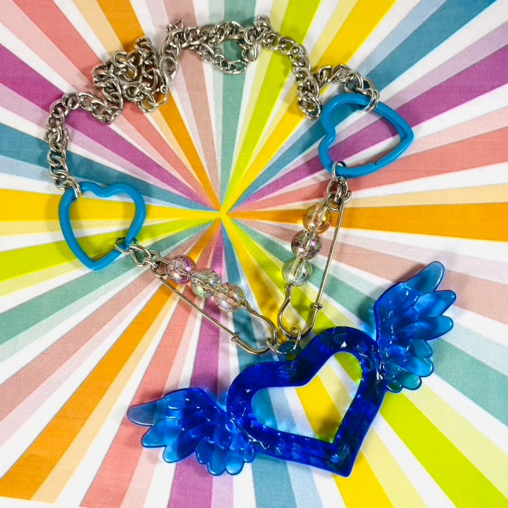 Killer Festival Princess Bright Blue Clear Acrylic Heart With Wings Necklace